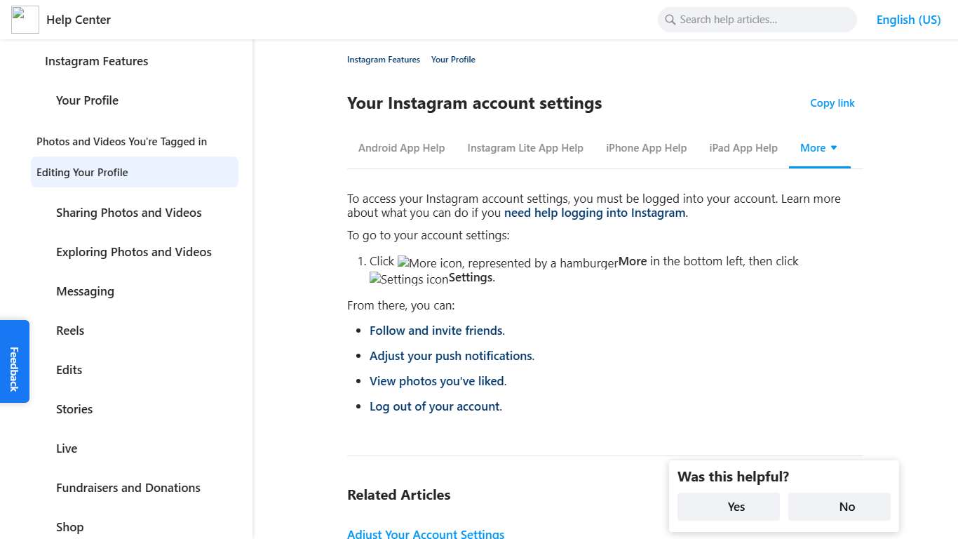 Your Instagram account settings Instagram Help Center